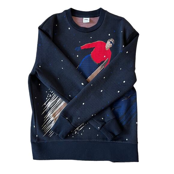 ZARA Men's Ski Sweater Medium Knit Navy Blue Polka Dot Streetwear 4087/401 - Picture 2 of 13